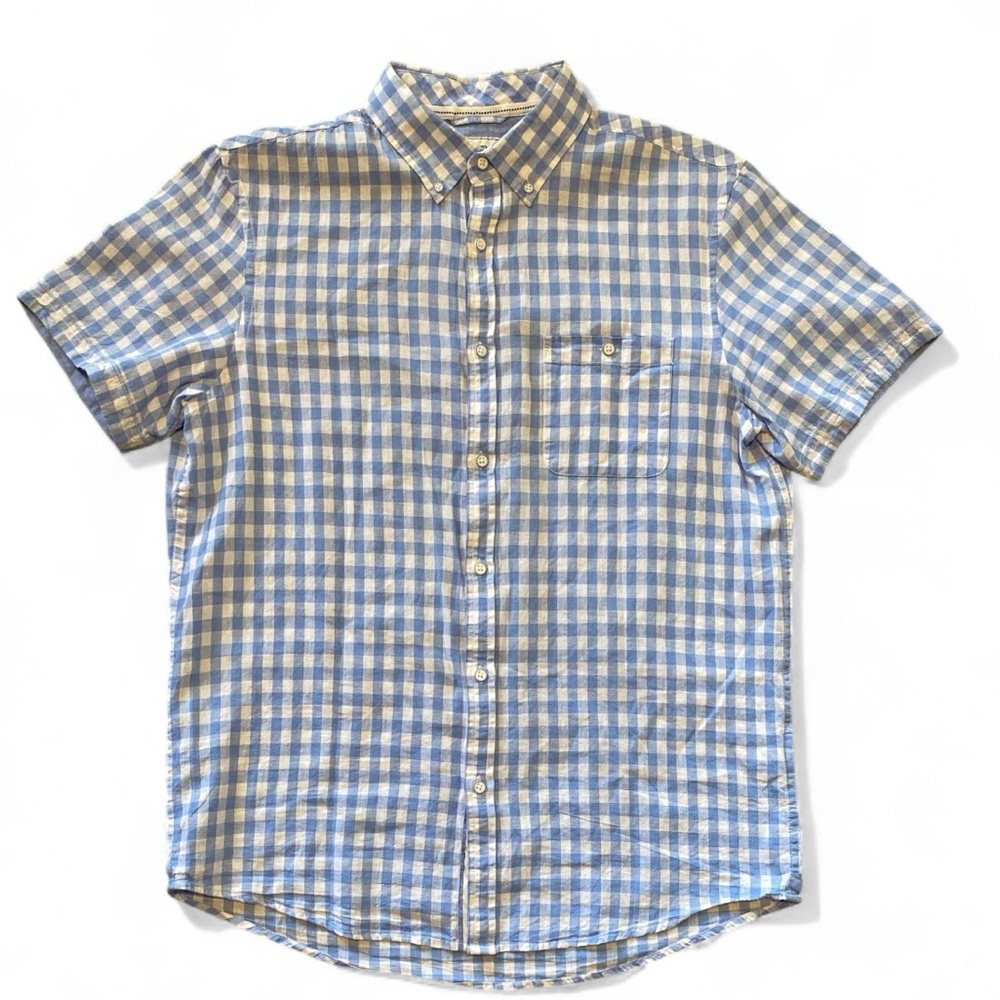 Report Collection Blue and White Plaid Short Sleeve Button Down Shirt NWOT